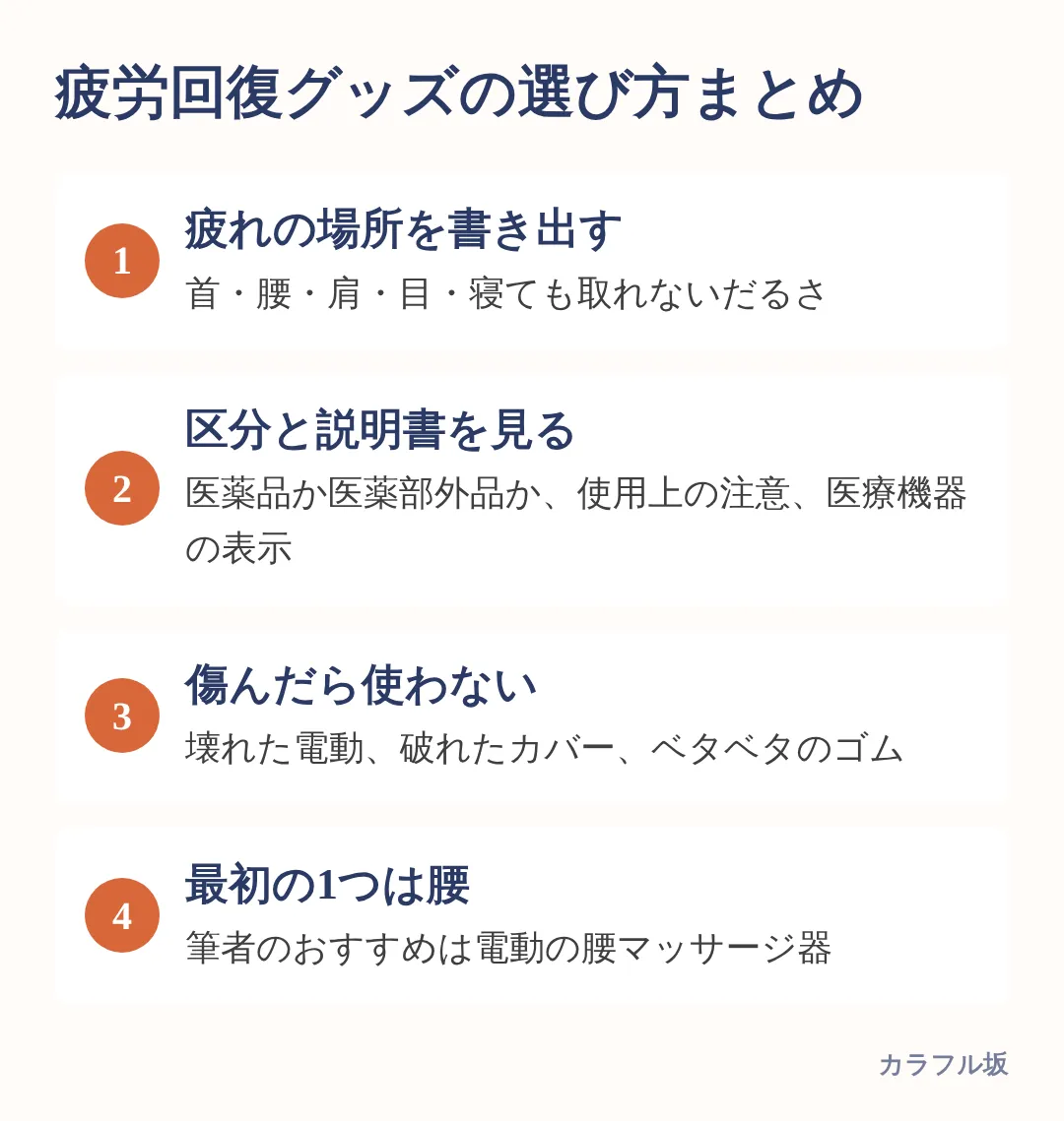疲れの場所を書き出し、区分と説明書を見て選び、だるさが続くなら医師に相談。最初の1つは電動の腰マッサージ器